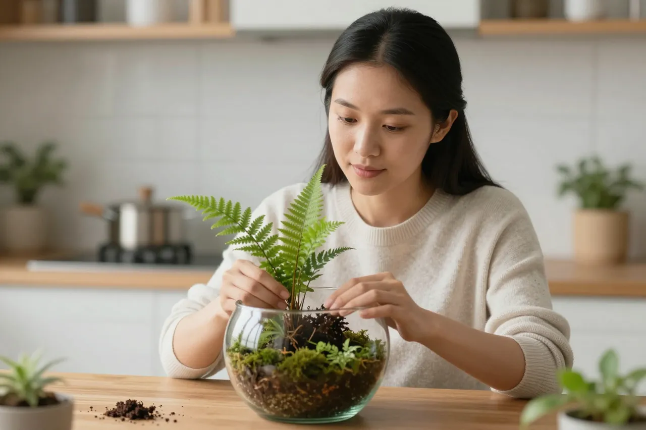 Southeast Asian woman arranges fern and moss in a glass terrarium at a wooden kitchen table.