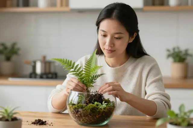 Southeast Asian woman arranges fern and moss in a glass terrarium at a wooden kitchen table.