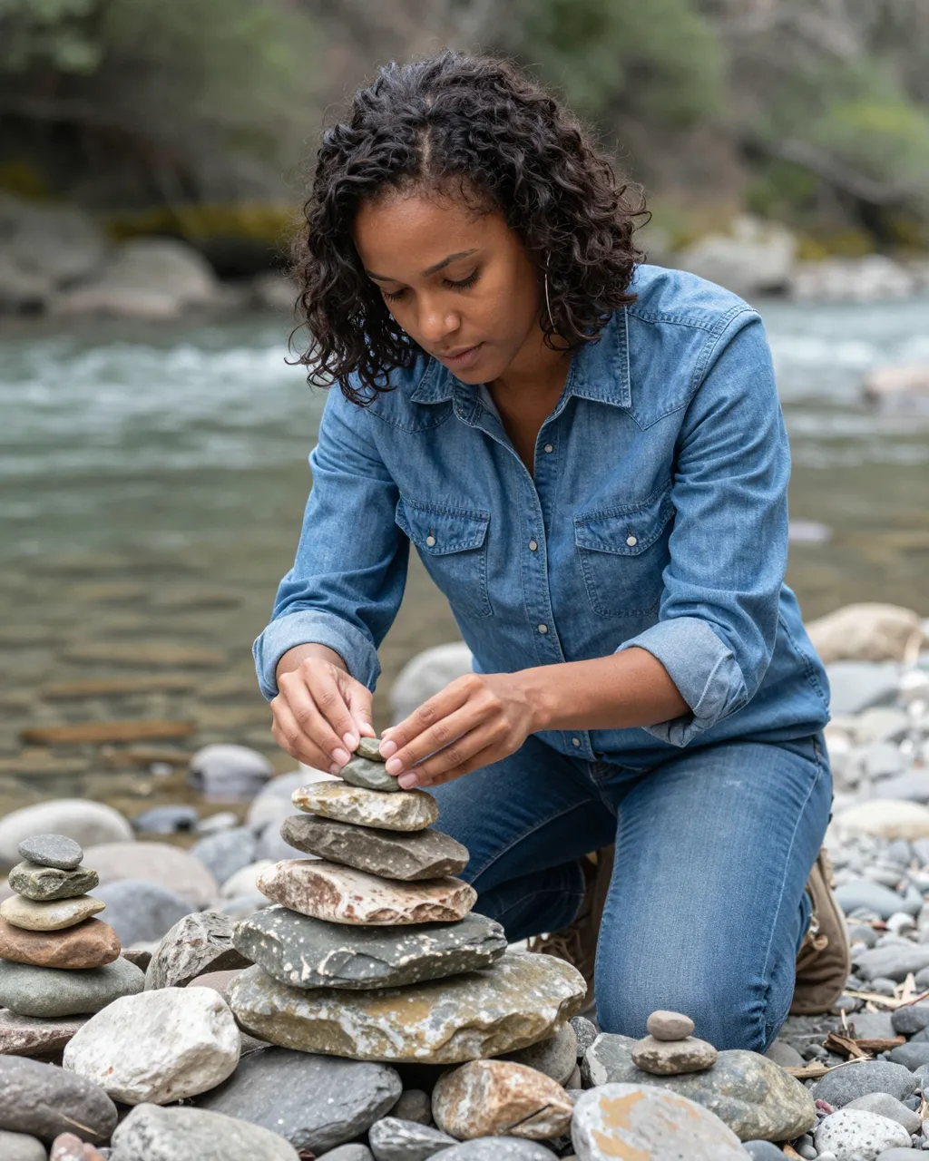 A mixed-race woman kneels on a riverbank stacking stones to build a cairn