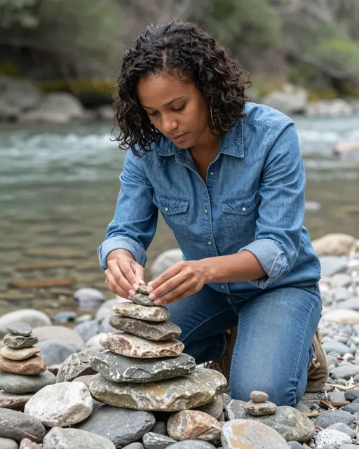 A mixed-race woman kneels on a riverbank stacking stones to build a cairn