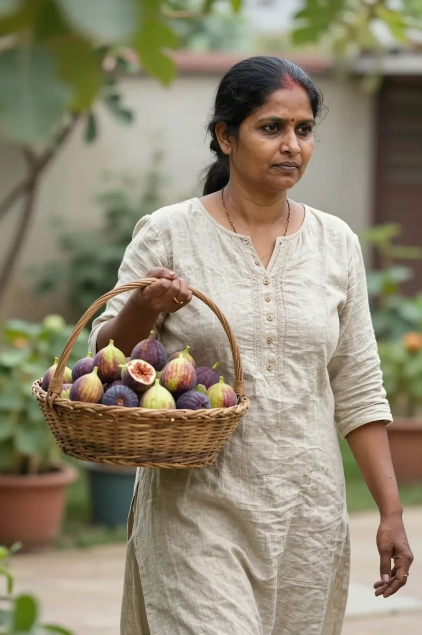 A South Asian woman in a linen dress holds a woven basket of ripe figs in a garden courtyard.