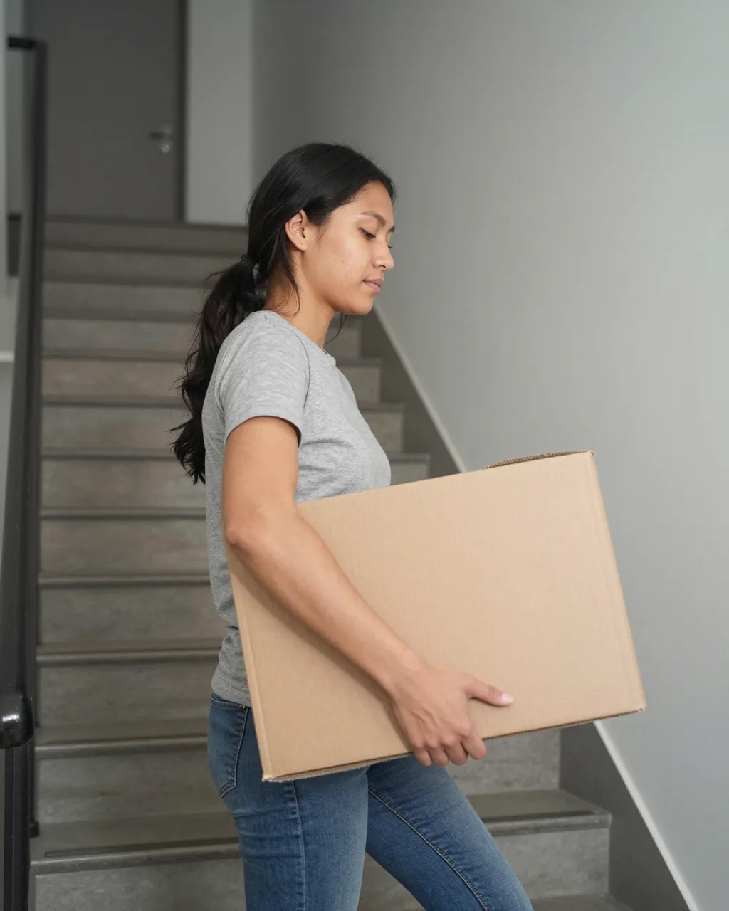 An Indigenous woman carries a plain cardboard box while ascending apartment building stairs in side view.