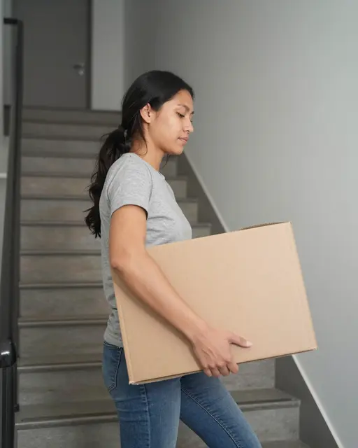 An Indigenous woman carries a plain cardboard box while ascending apartment building stairs in side view.