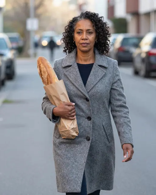 Mixed-race woman in a gray wool coat walks toward the camera holding a paper bag with a fresh baguette on a quiet