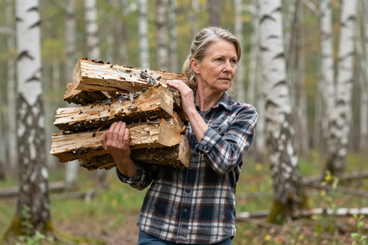 A middle aged woman carries an armful of cut firewood through a birch forest