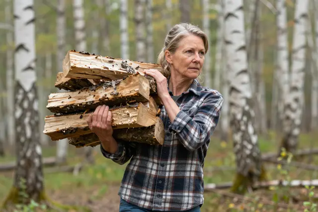 A middle aged woman carries an armful of cut firewood through a birch forest