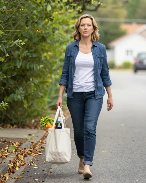 A middle aged woman walks along a leafy residential street holding a canvas tote of groceries
