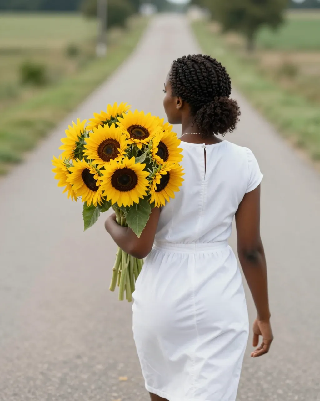 Back view of a Black woman in a white dress holding a sunflower bouquet while walking down a rural road