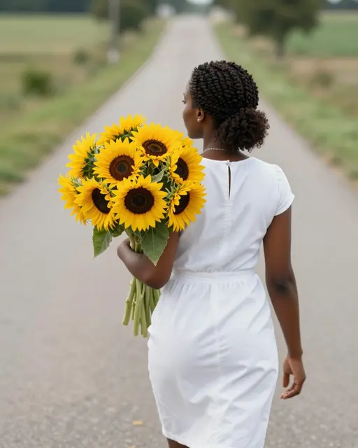 Back view of a Black woman in a white dress holding a sunflower bouquet while walking down a rural road