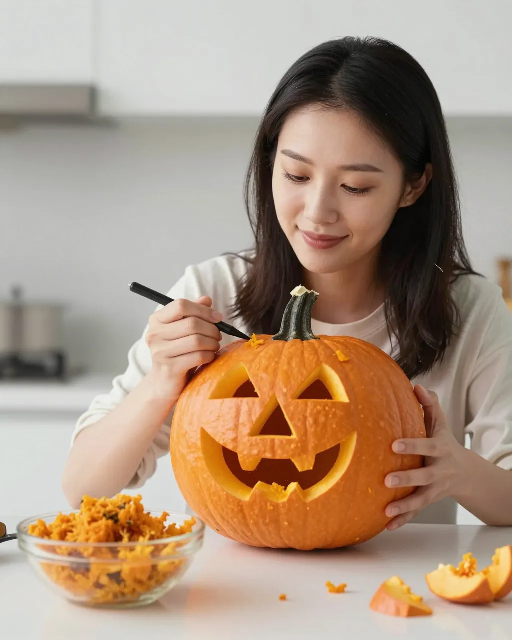 Young East Asian woman drawing details on a carved jack-o'-lantern at a bright kitchen table with pumpkin pulp in a nearby