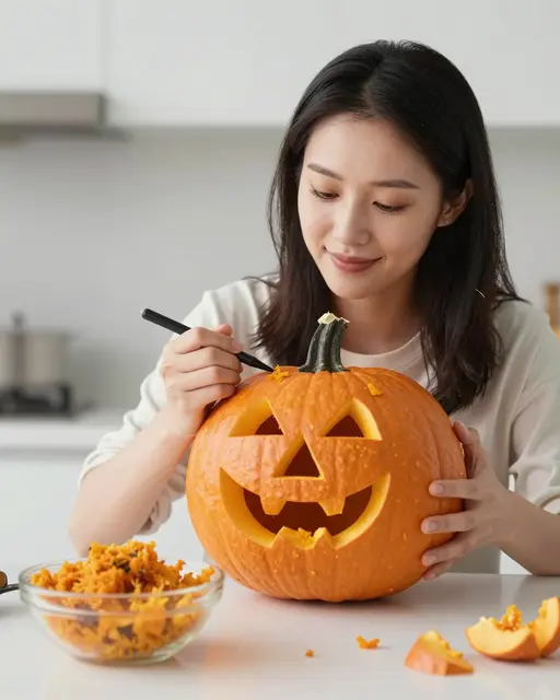 Young East Asian woman drawing details on a carved jack-o'-lantern at a bright kitchen table with pumpkin pulp in a nearby