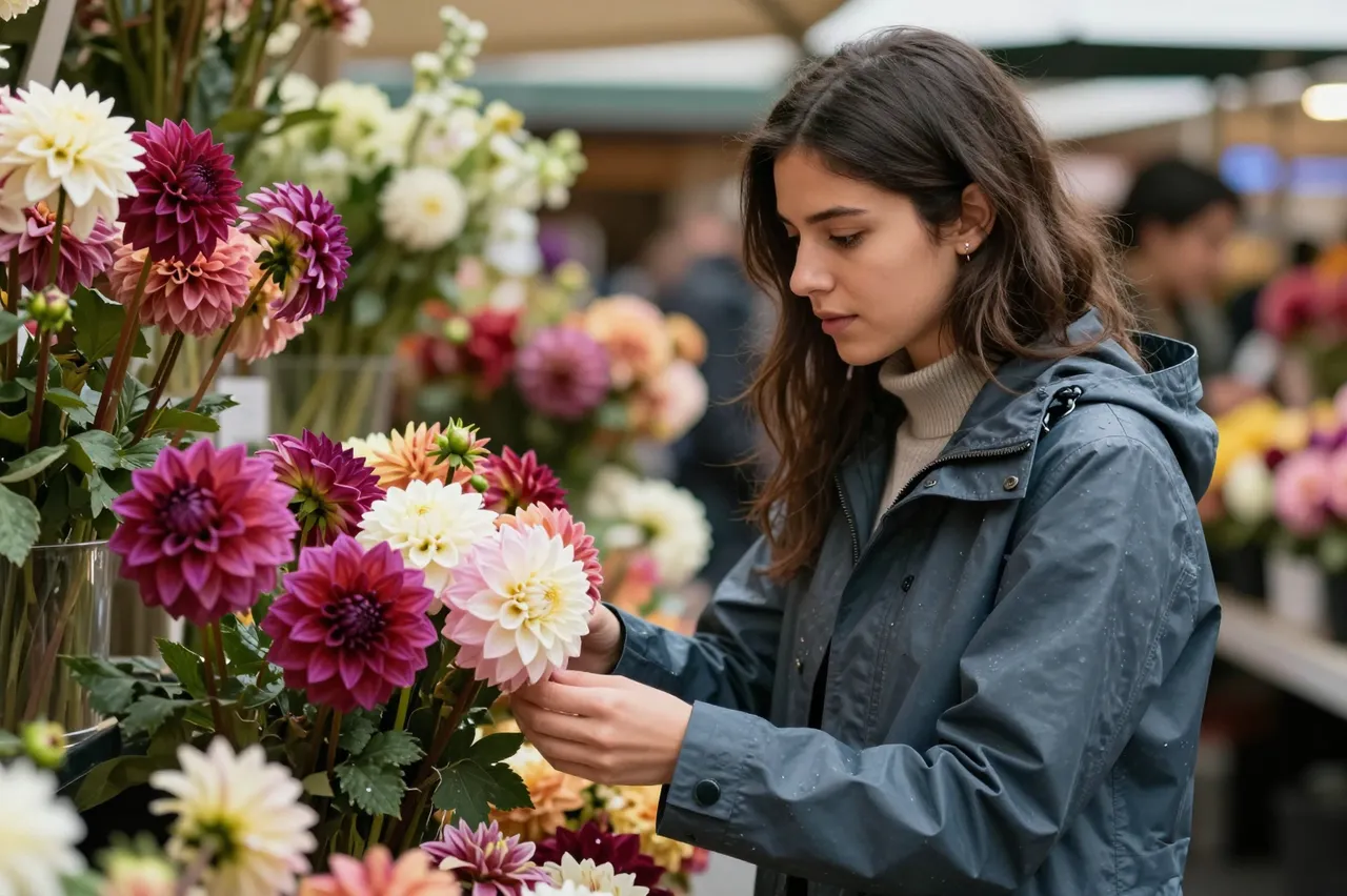 A woman in a blue rain jacket examines colorful dahlias at an outdoor market flower stall.