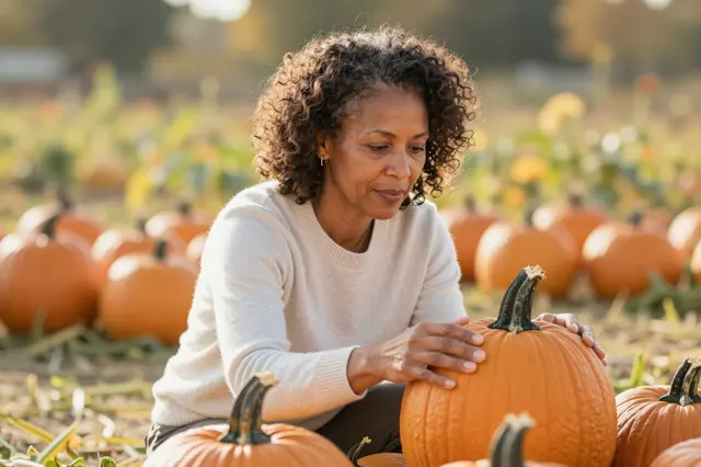 A mixed-race woman in her fifties examines a pumpkin in a sunlit pumpkin patch at golden hour.