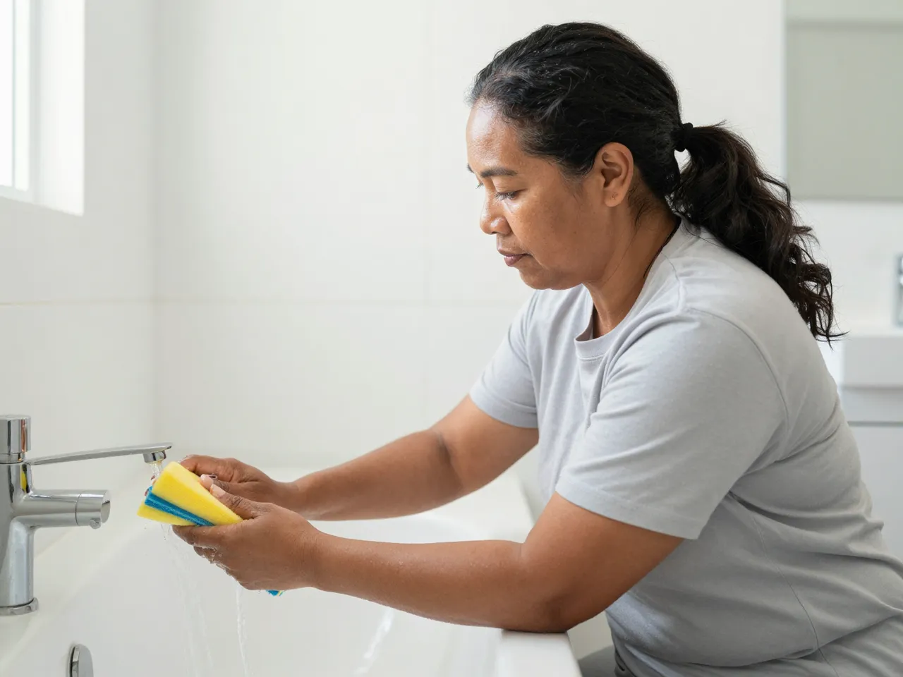 A middle aged Pacific Islander woman rinses a scrub sponge under running bathtub faucet water