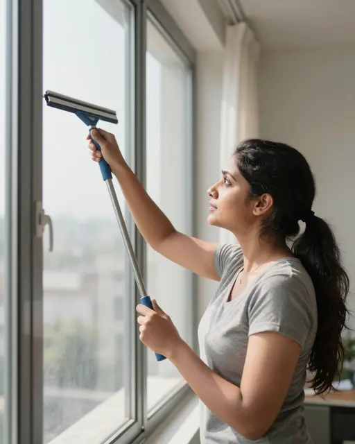 Side view of a South Asian woman cleaning a tall window with a squeegee in warm sunlight