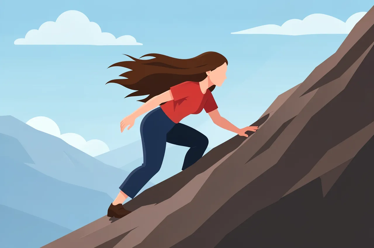 A faceless woman leans forward climbing a steep rocky hill as strong wind blows her long hair, under a light blue sky