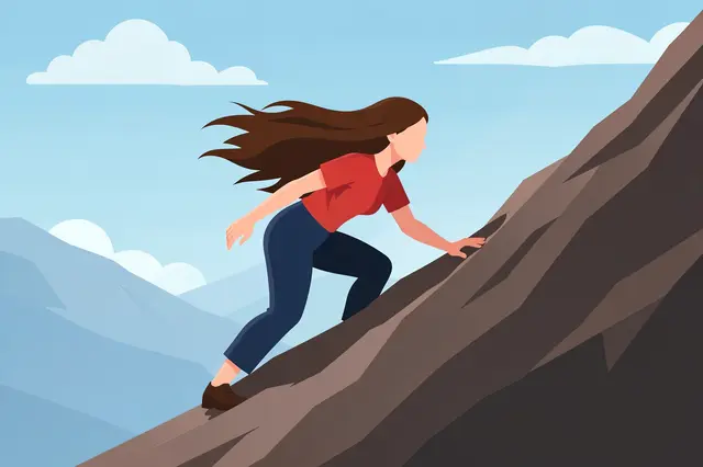 A faceless woman leans forward climbing a steep rocky hill as strong wind blows her long hair, under a light blue sky