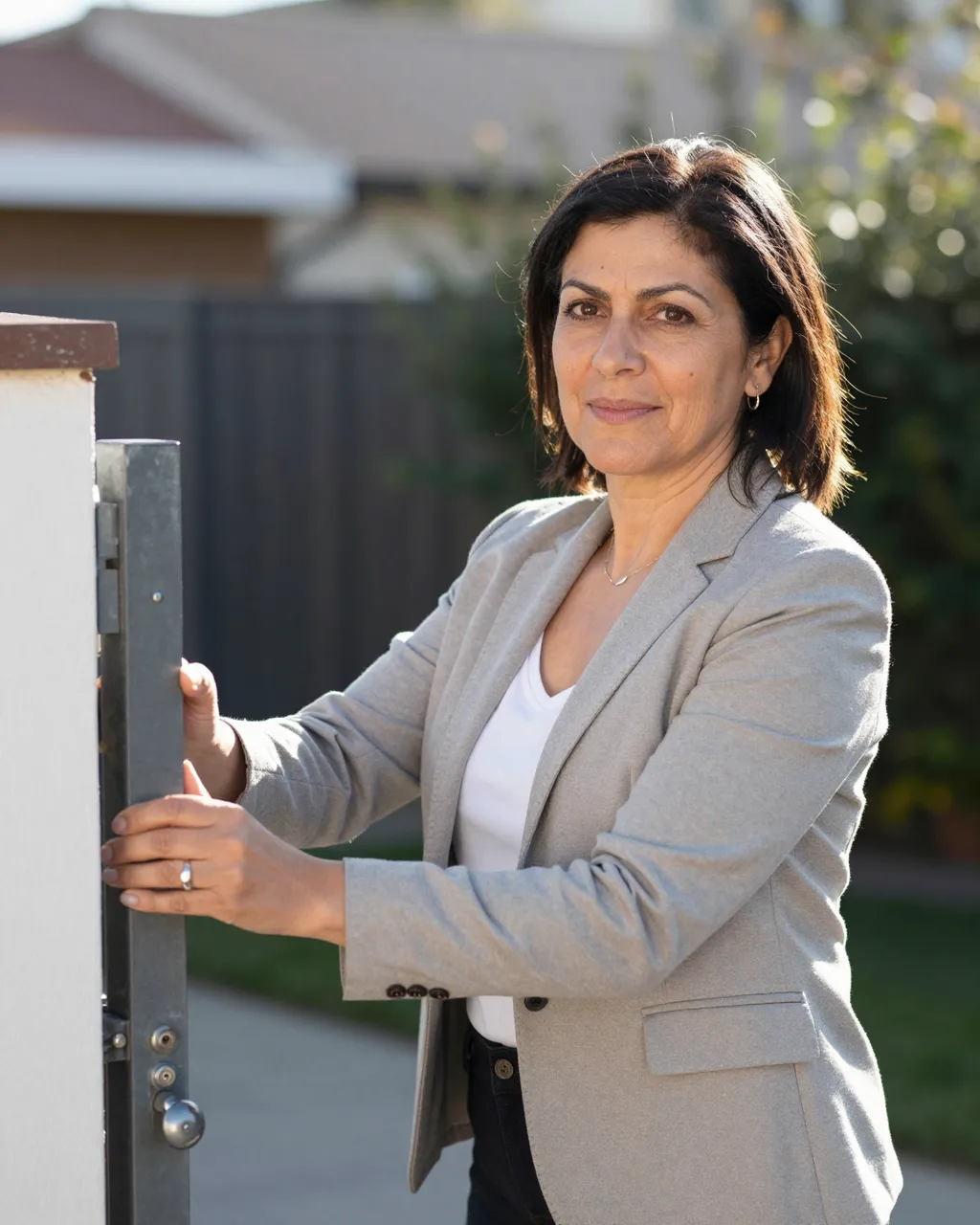 Middle aged Latina woman in a gray blazer closes a garden gate in warm morning sunlight