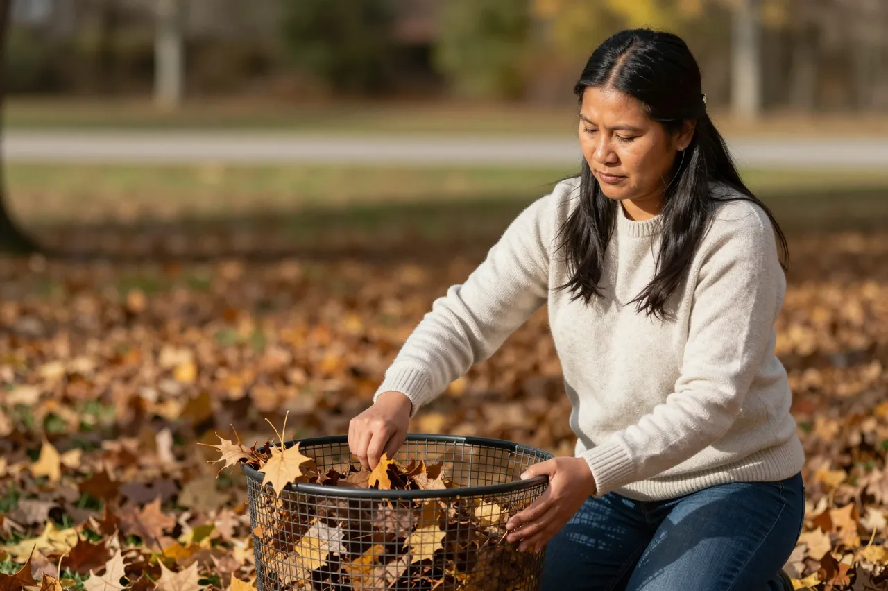 A woman kneels outdoors placing fallen autumn leaves into a wire compost bin in crisp fall sunlight.