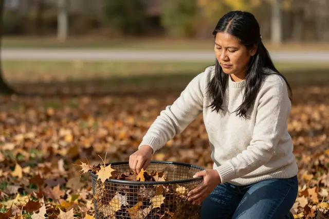 A woman kneels outdoors placing fallen autumn leaves into a wire compost bin in crisp fall sunlight.