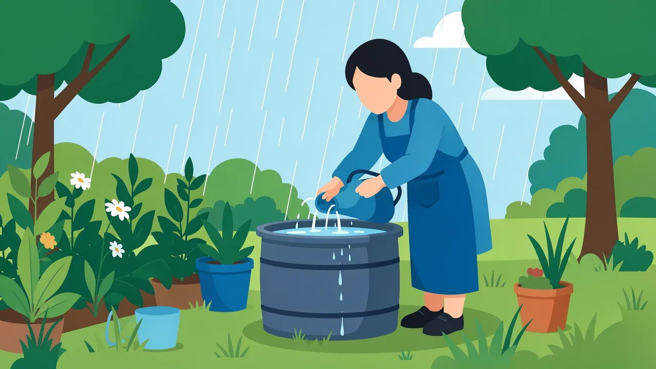 Faceless woman pours water from a watering can into a rain barrel during rain in a green garden