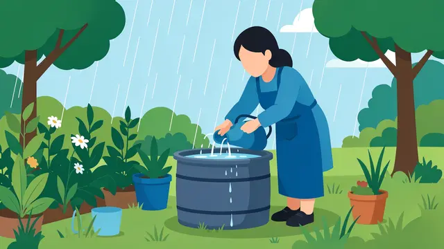 Faceless woman pours water from a watering can into a rain barrel during rain in a green garden