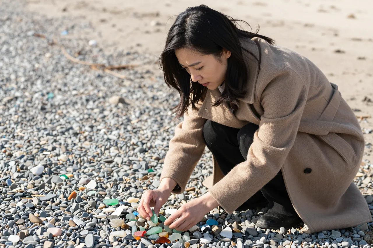 A Southeast Asian woman in a camel wool coat crouches on a pebbly shore sorting colorful sea glass in bright winter sunlight.