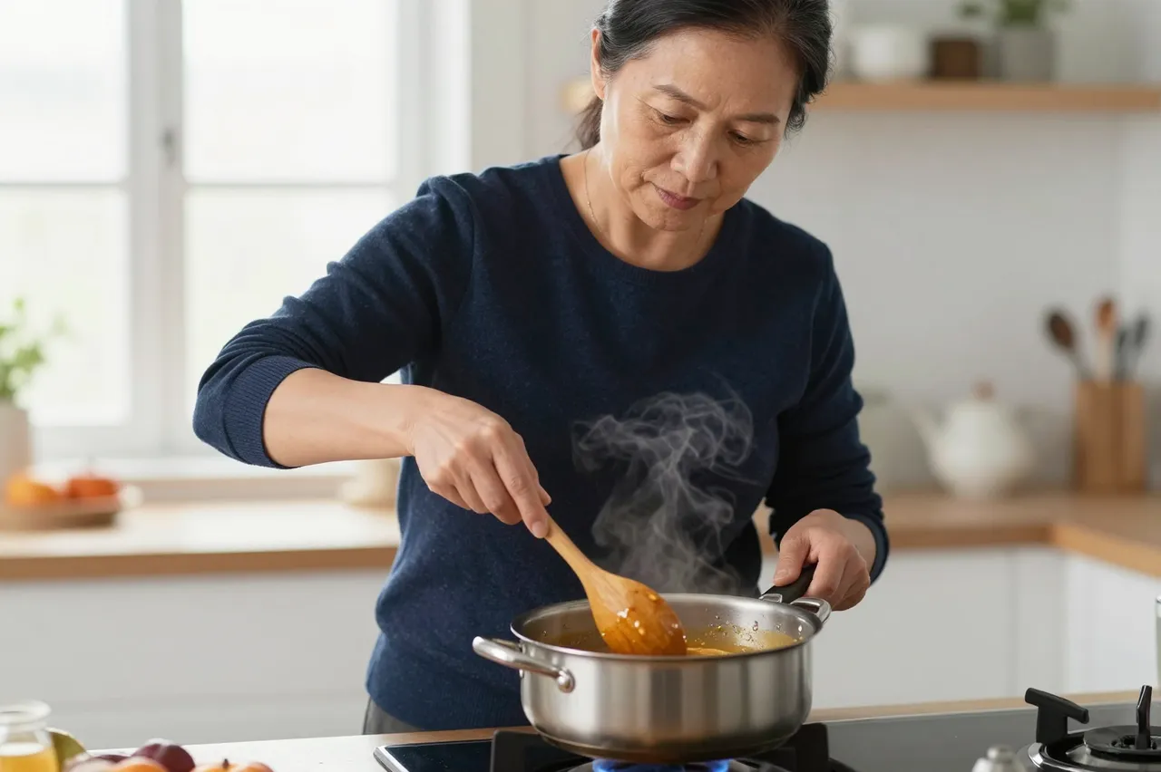 Mature East Asian woman stirs simmering gravy in a saucepan on a stovetop with soft window light.