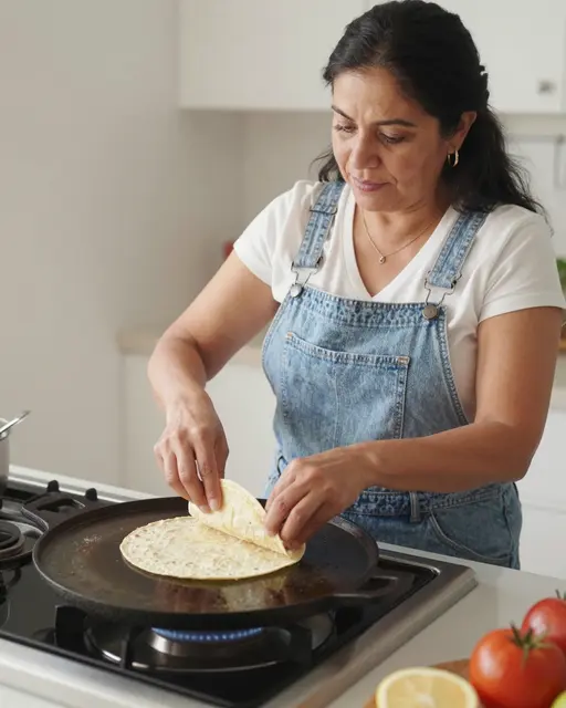 Mature Latina woman cooks fresh tortillas on a cast iron griddle over a gas stove in a sunlit kitchen