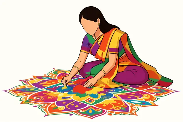 Faceless woman in a bright saree sits drawing a vibrant floral rangoli with colored powder