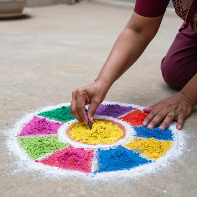 South Asian woman adds colored powder to a circular rangoli design on a concrete courtyard floor.