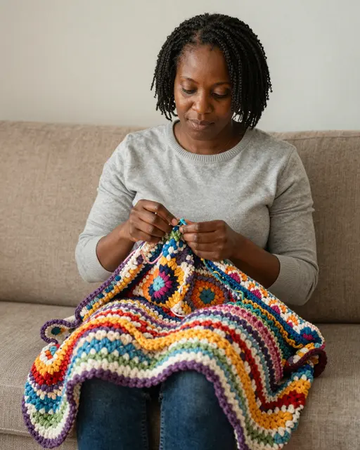 A Black woman in her forties sits on a sofa crocheting a vibrant multicolored blanket draped over her knees.