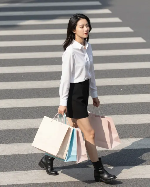 East Asian woman carrying pastel shopping bags walks across a sunny street crosswalk