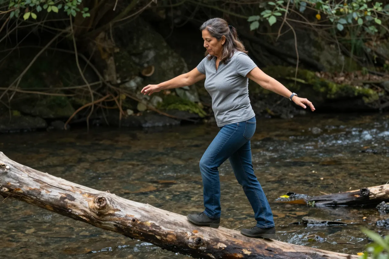 A middle-aged woman walks across a fallen log over a shallow stream with arms out for balance