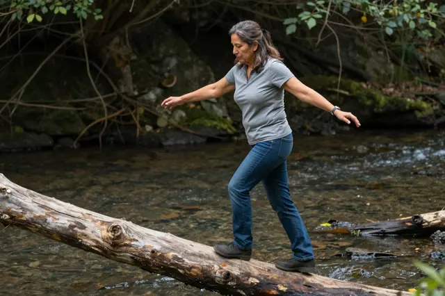 A middle-aged woman walks across a fallen log over a shallow stream with arms out for balance