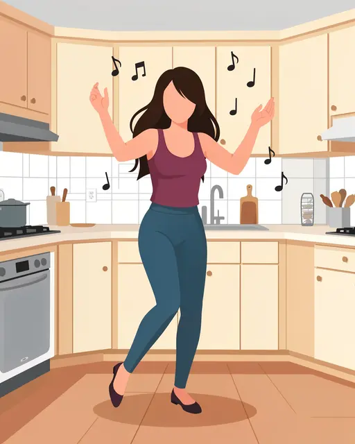 Faceless illustrated woman dances in a kitchen with floating music notes around her