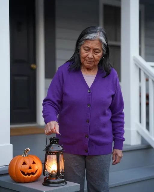 Senior woman in a purple cardigan arranges a lit lantern next to a carved jack-o'-lantern on a home porch at dusk