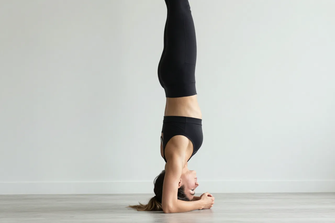 A woman in black activewear holds a side view headstand against a plain light studio wall