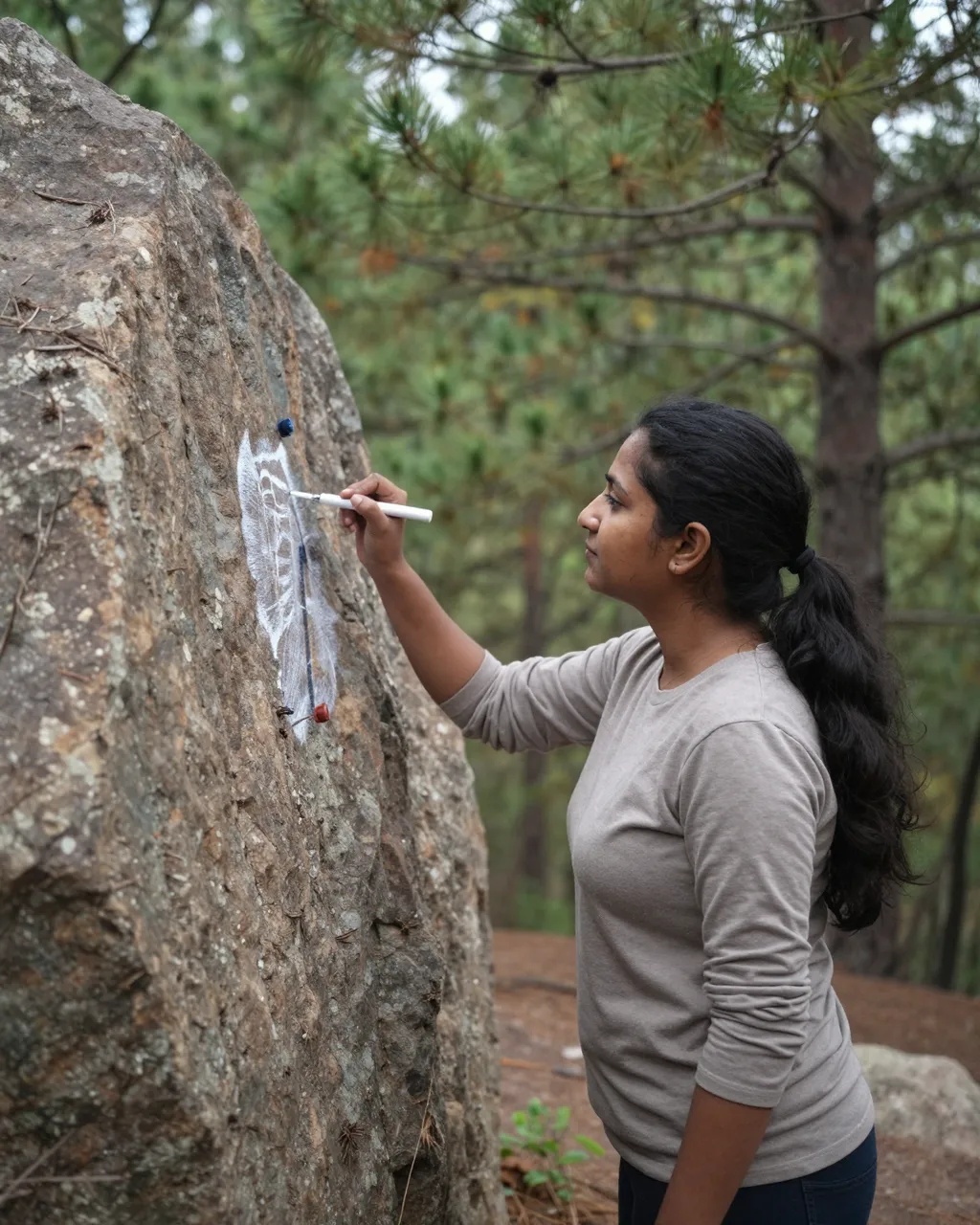 Side view of a South Asian woman drawing on a large boulder in a pine forest