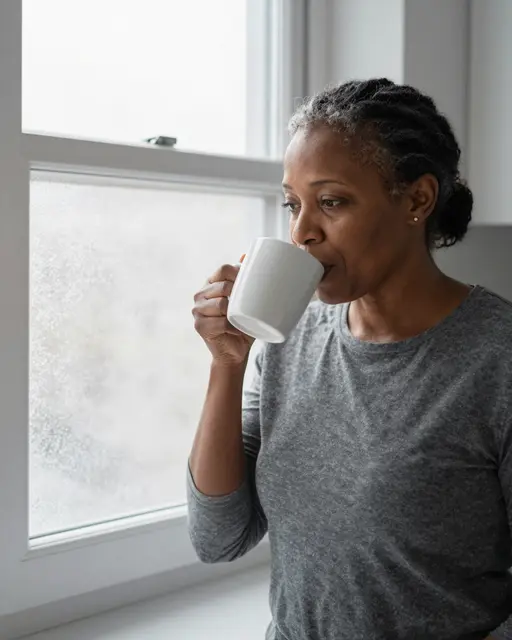 Middle aged Black woman sipping from a plain white mug next to a frosty kitchen window in soft morning light
