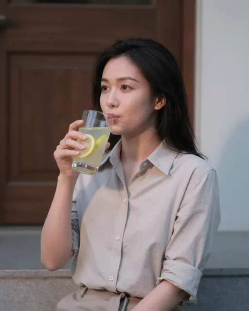A Southeast Asian woman in a plain shirt sits on a front stoop drinking lemonade at dusk
