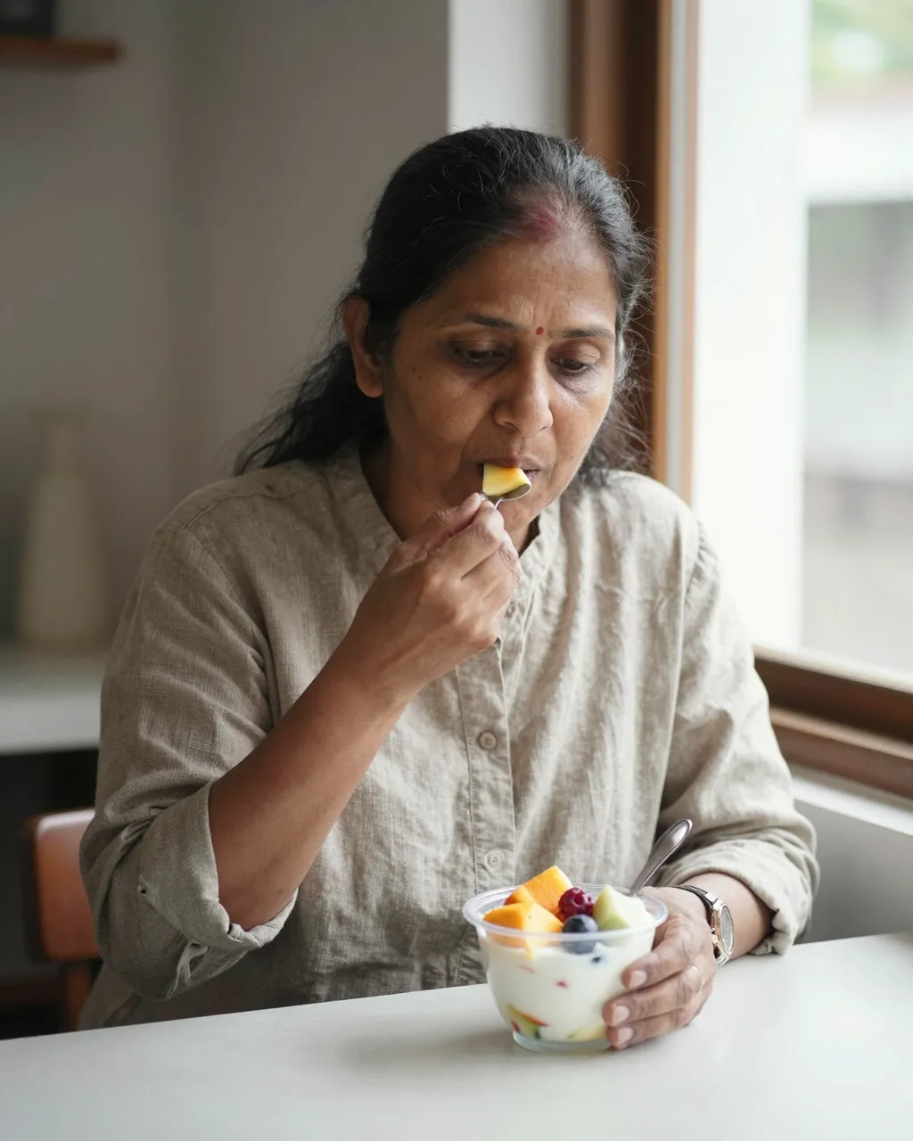A South Asian woman in her fifties eats fruit and yogurt at a sunlit window counter.