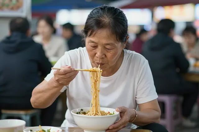 Senior East Asian woman eats noodles with chopsticks at a busy night market stall