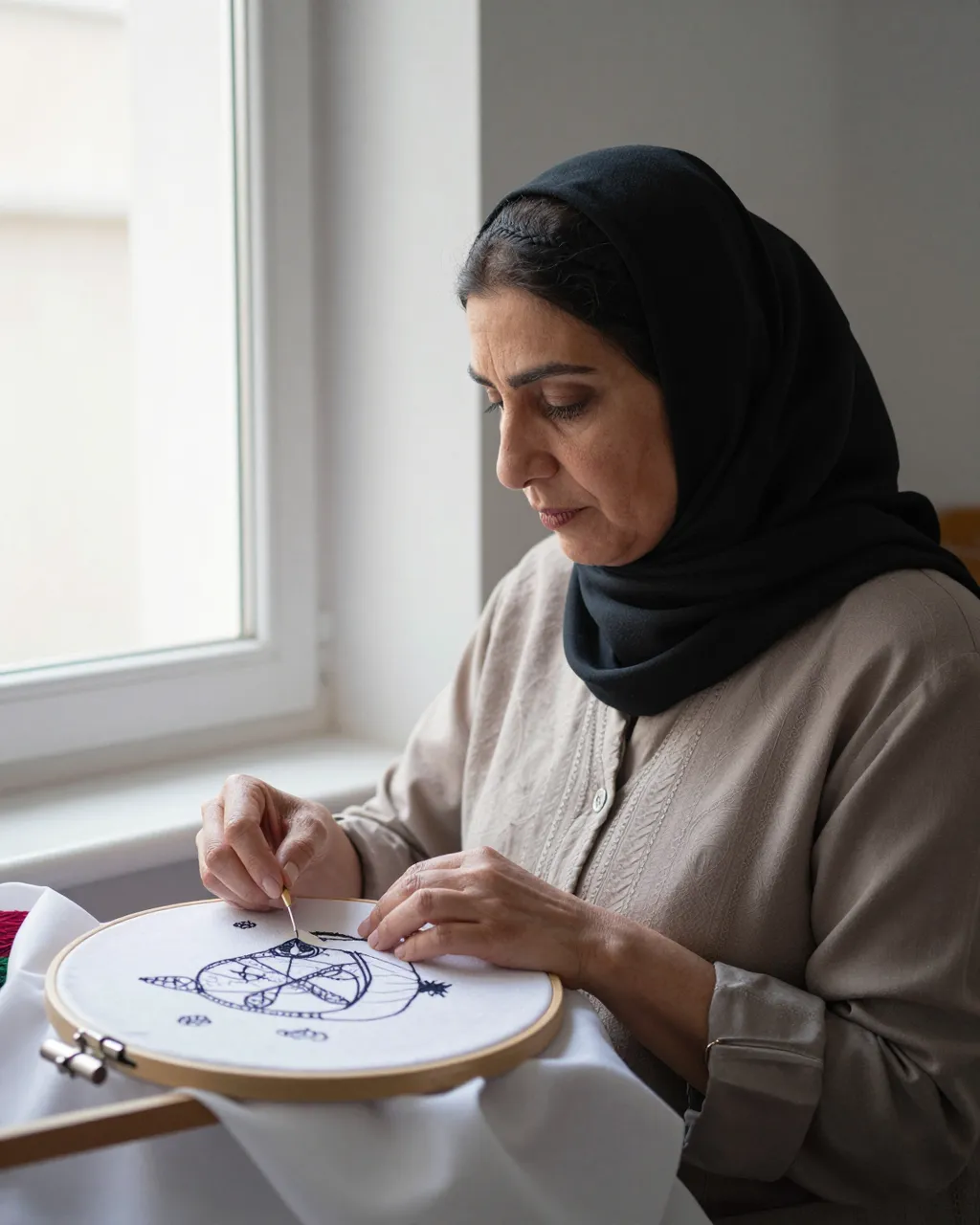 A middle aged Middle Eastern woman works on embroidery in a wooden hoop beside a bright window