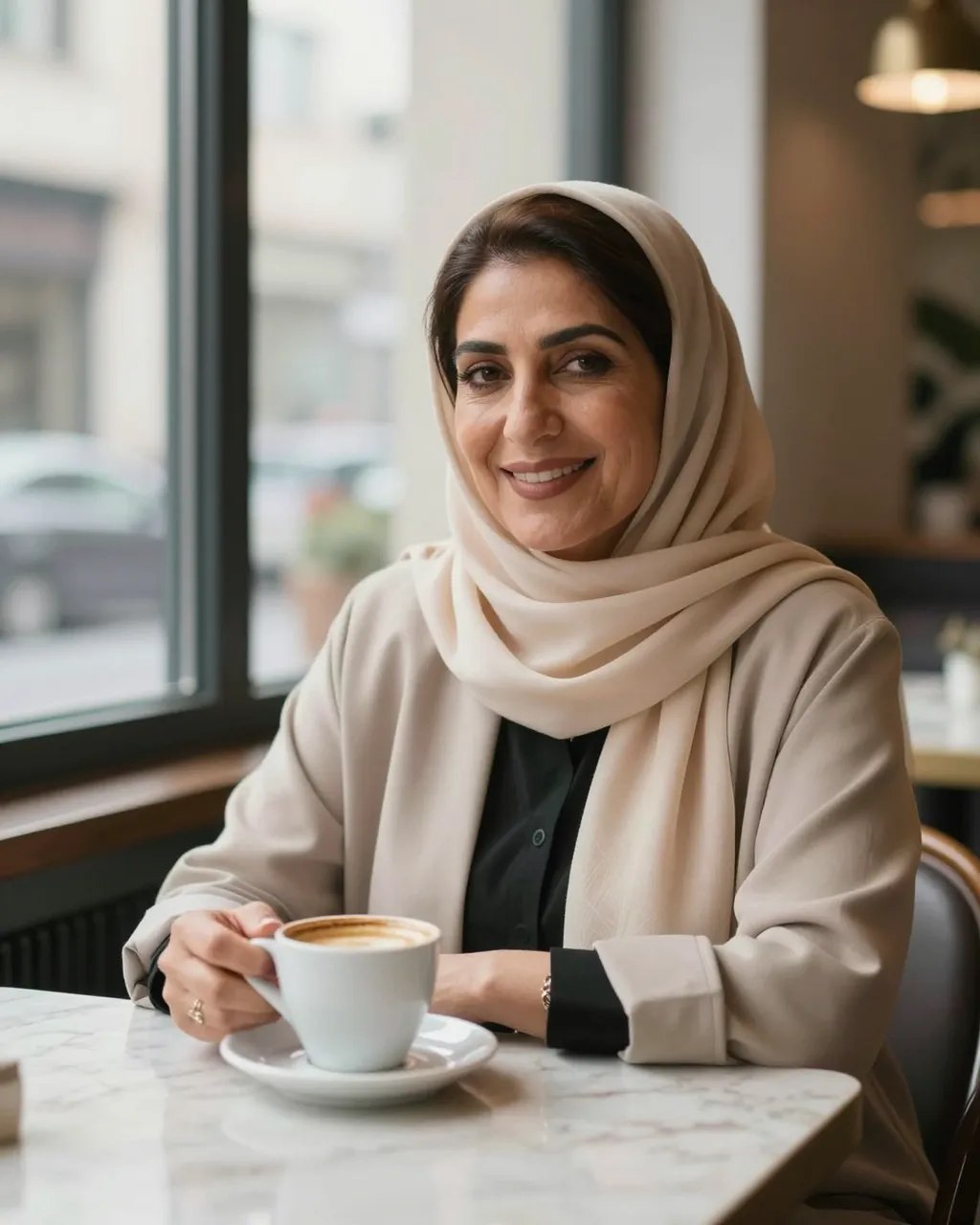 Smiling middle aged woman in a beige headscarf holds a coffee cup at a marble cafe table by a window