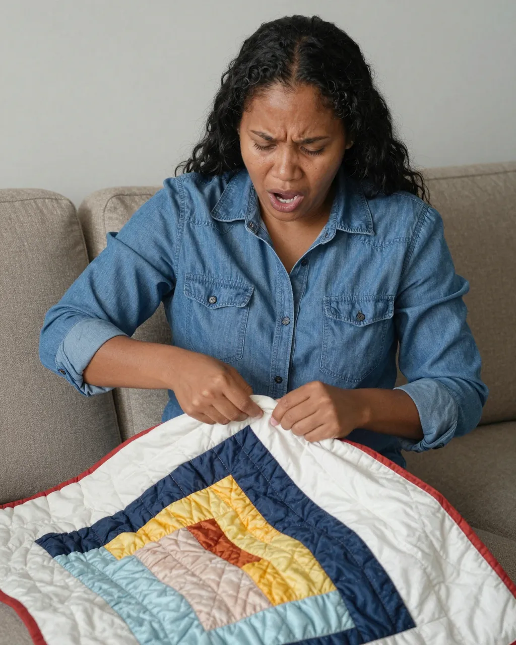 A Pacific Islander woman in a denim shirt reacts while holding a quilt on a beige sofa