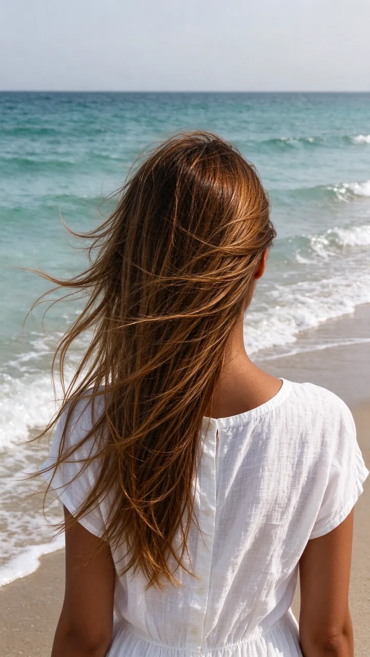 Back view of a woman with windblown brown hair standing on a sandy beach looking out at gentle ocean waves.