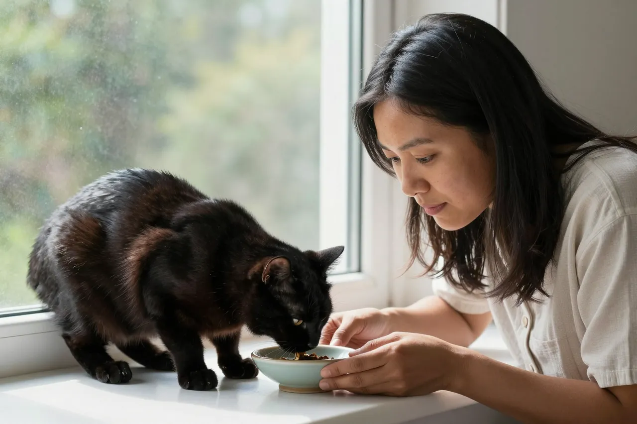 A woman leans over a sunny windowsill holding a ceramic dish as her black cat eats from it.