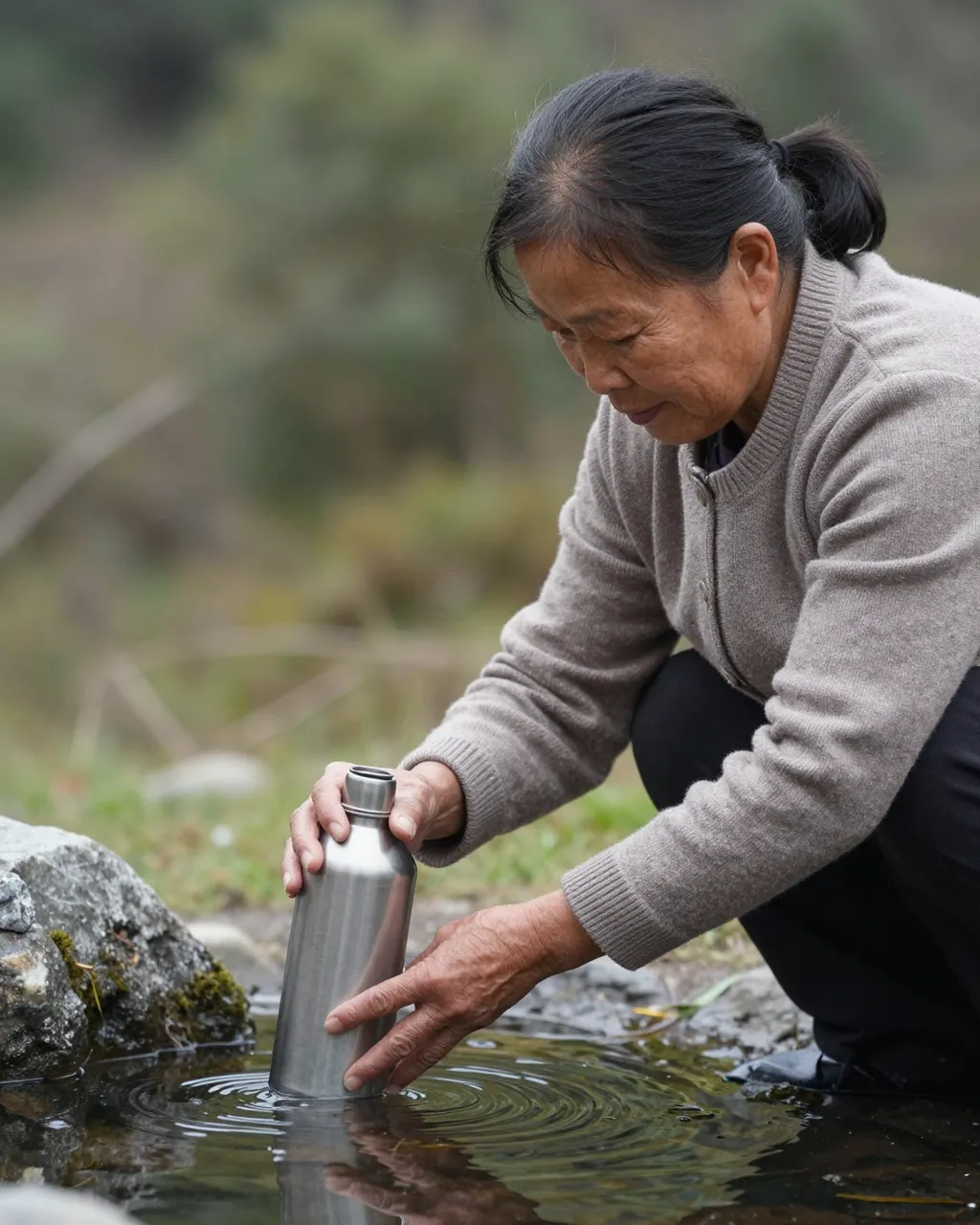 A mature Southeast Asian woman crouches to fill a steel bottle at a natural mountain spring