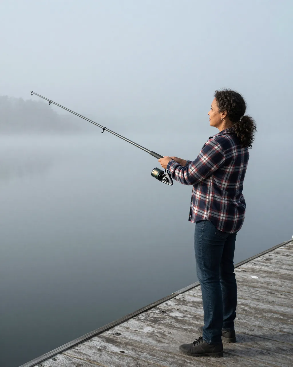 A middle-aged woman in a plaid flannel fishes from a weathered wooden dock on a foggy still lake